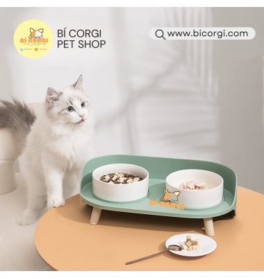 Bát ăn đôi 4 chân hình oval bằng sứ cho chó mèo